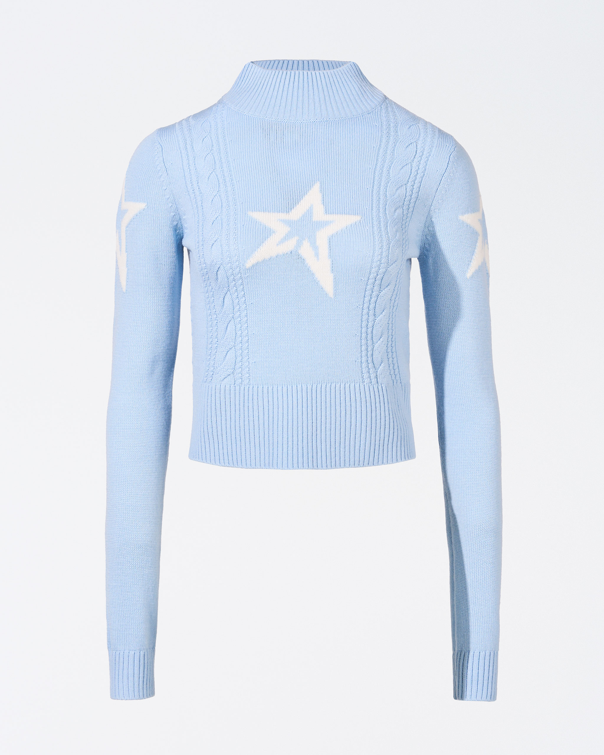 Perfect Moment Cable Merino Wool Sweater L In Bluebird-blue
