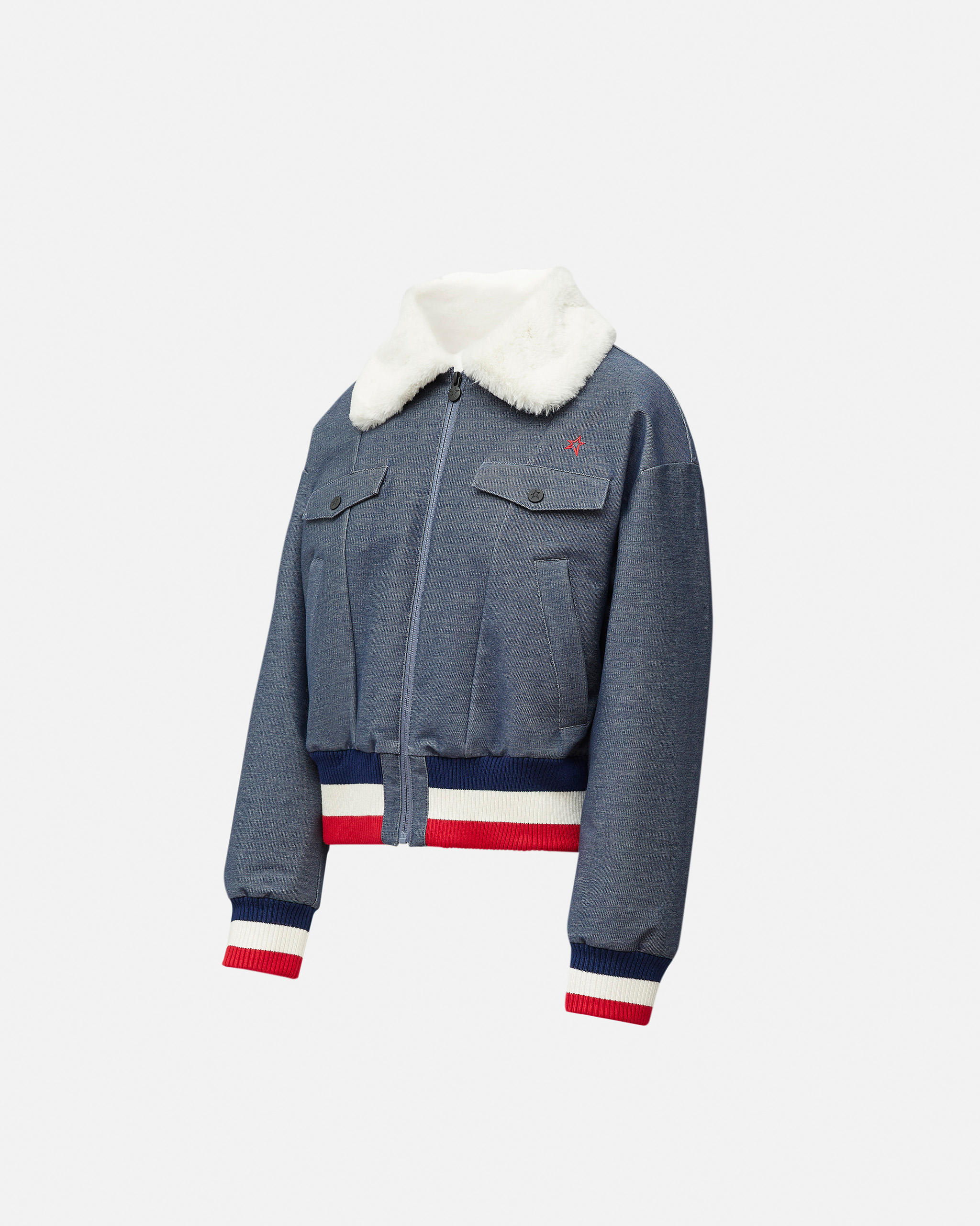 Perfect Moment Faux Fur-trimmed Padded Chambray Ski Jacket In Dark-denim