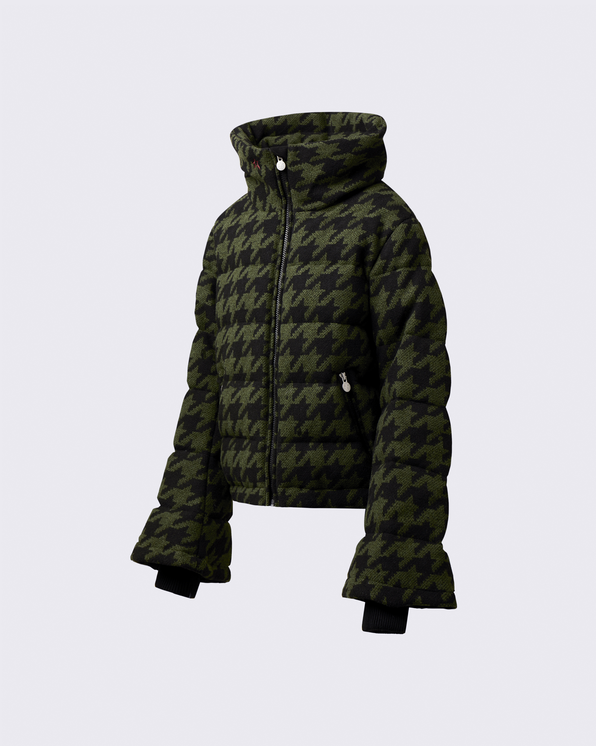 Perfect Moment Merino Wool Polar Flare Down Jacket In Houndstooth-dark-green-black
