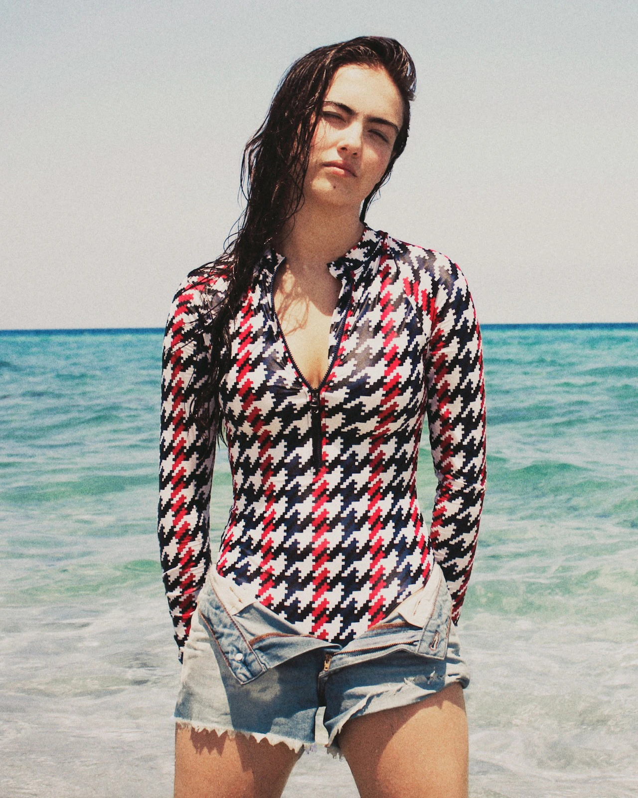 Houndstooth Long Sleeve Zip Front Swimsuit | Perfect Moment