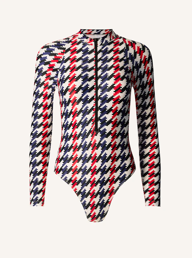 Houndstooth Long Sleeve Zip Front Swimsuit 0 Houndstooth Long Sleeve Zip Front Swimsuit