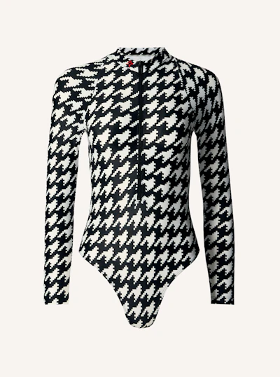 Houndstooth Long Sleeve Zip Front Swimsuit